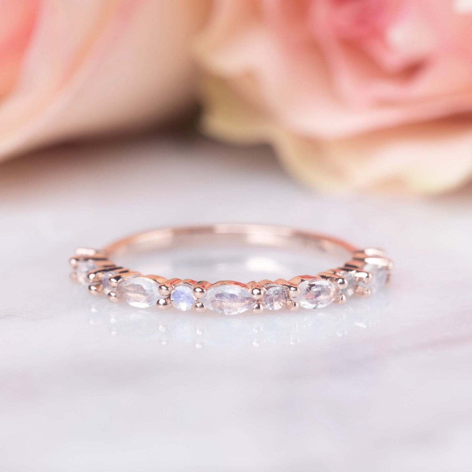Solid Rose Gold Rainbow Moonstone Eternity Marquise Band