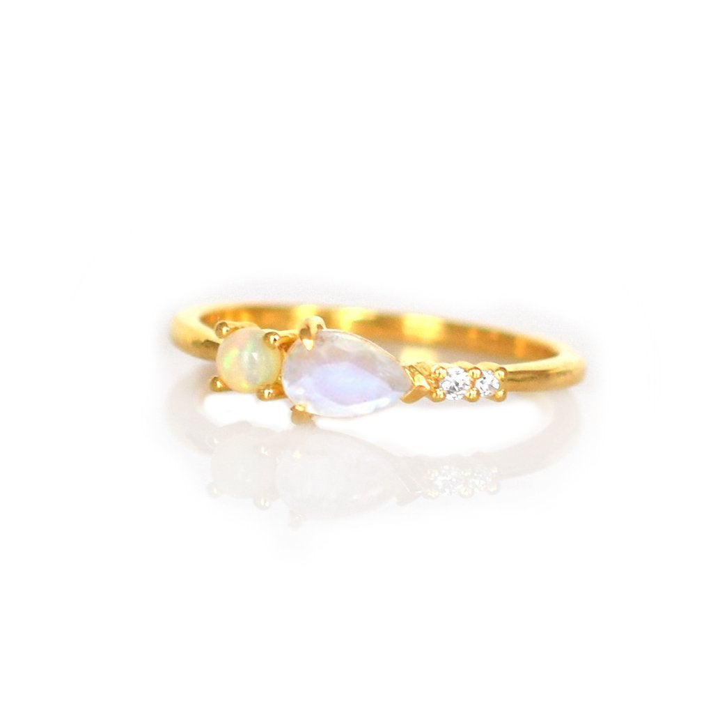 Opal, Rainbow Moonstone and Diamond Elise Ring
