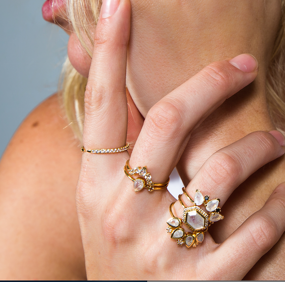 Rainbow Moonstone and Diamond Horizon Ring