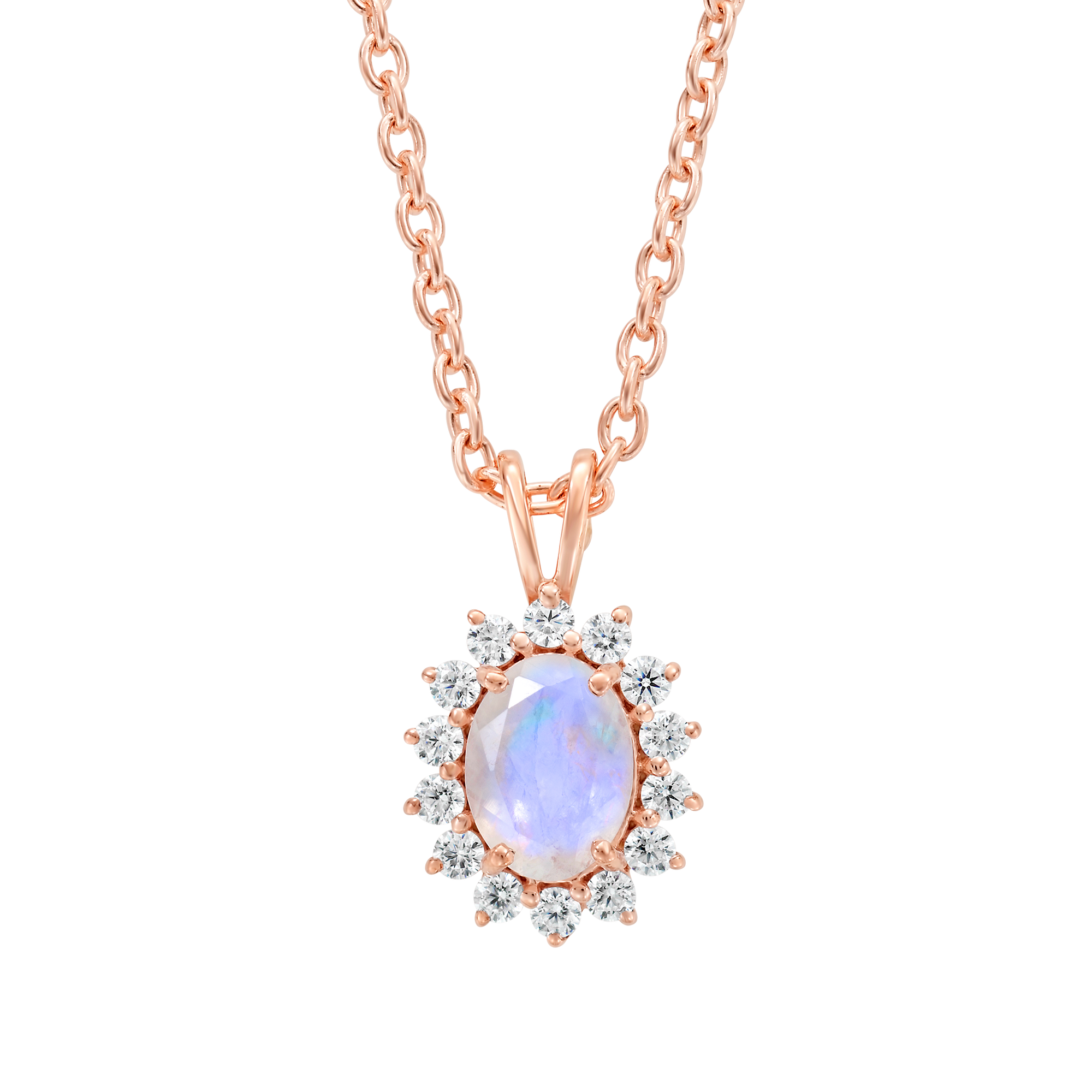 Rose Gold Rainbow Moonstone & Diamond Vintage Fleur Pendant