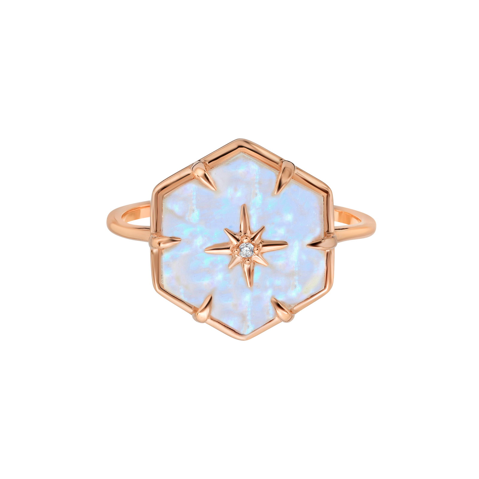 Rose Gold Star Studded Rainbow Moonstone Ring