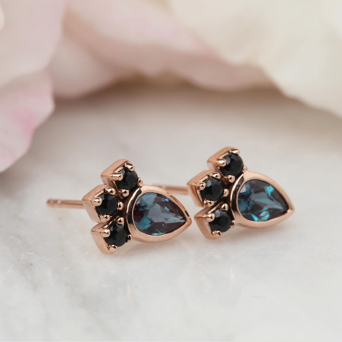 Solid Rose Gold Alexandrite & Onyx Muse Studs