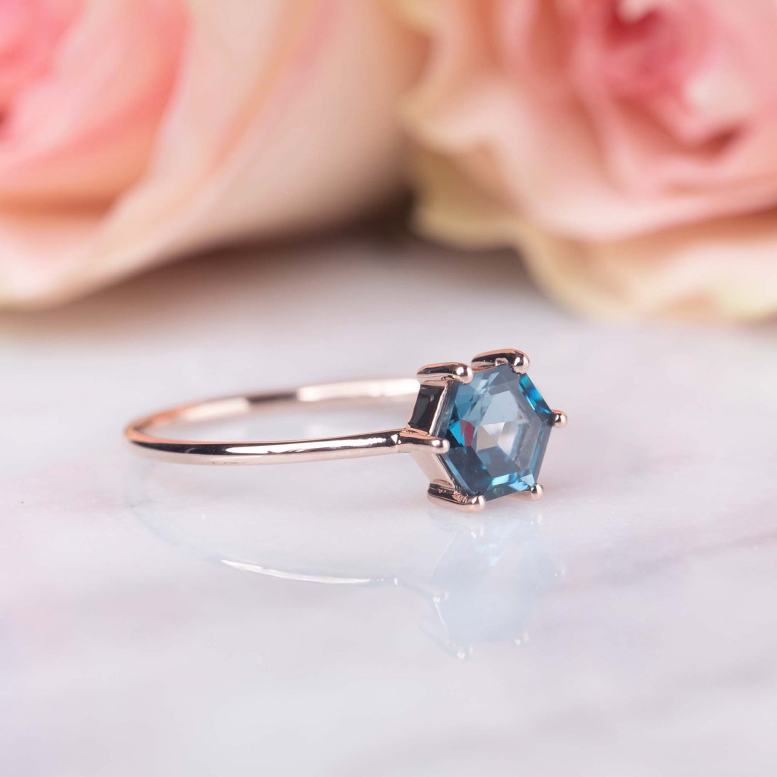 Solid Rose Gold London Blue Topaz Midnight Ring