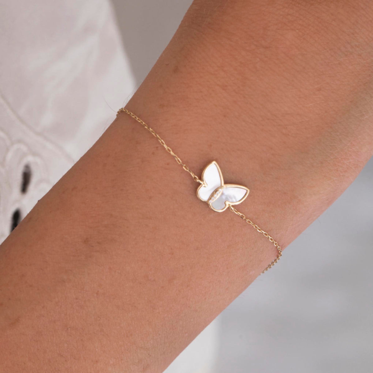 Solid Gold Mother Of Pearl Butterfly Bracelet