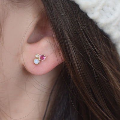 14kt Gold Opal, Diamond and Pink Tourmaline Cluster Studs