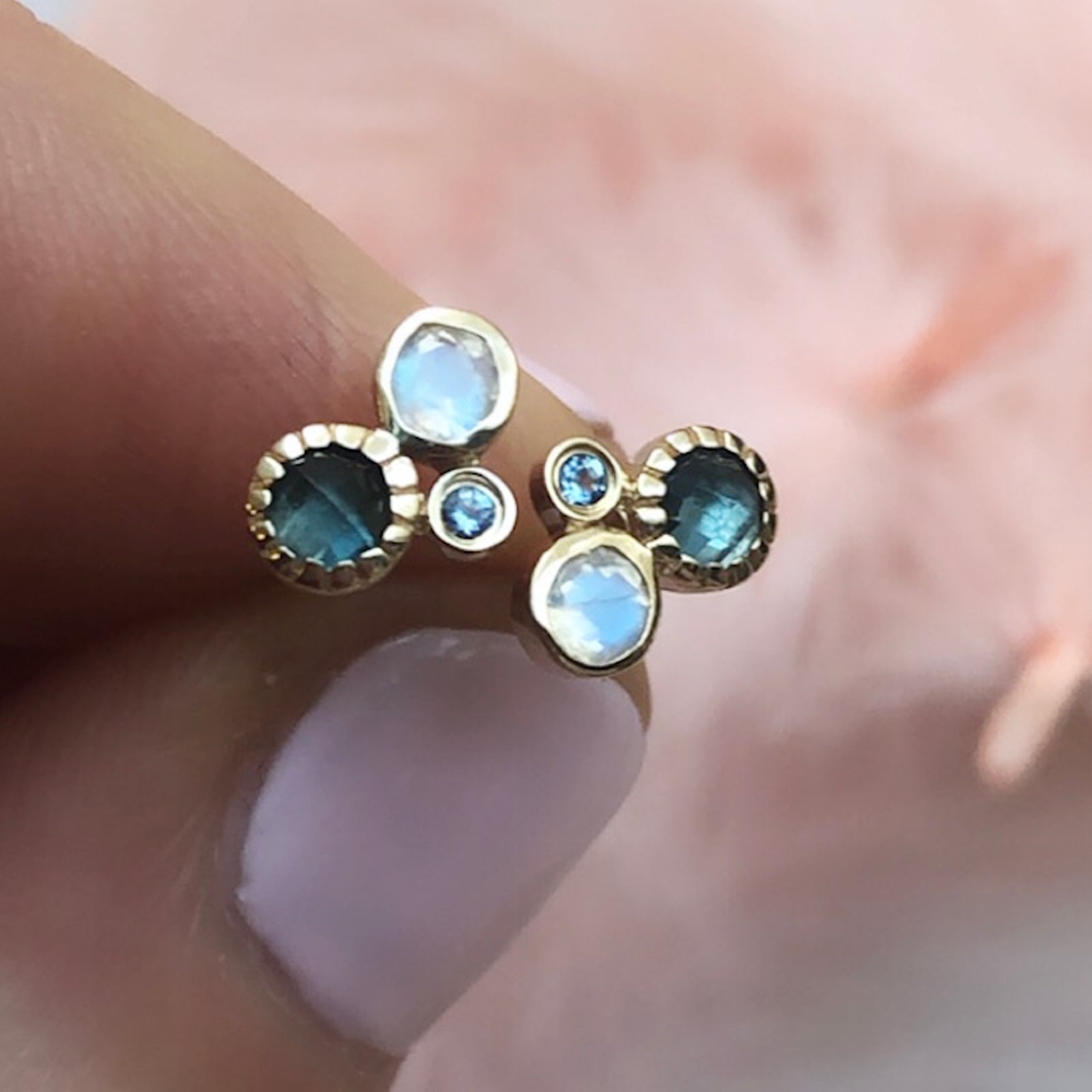 14kt Gold Rainbow Moonstone, London Blue Topaz and Aquamarine Cluster Studs