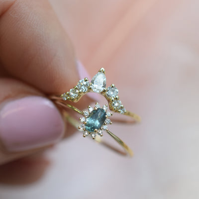 Solid 14kt Gold Teal Sapphire and Diamond Fleurette Ring