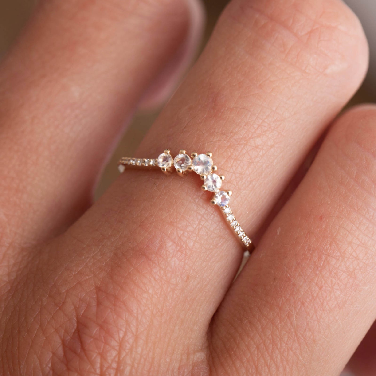 9kt Gold Rainbow Moonstone and Diamond Vivant Arc Ring