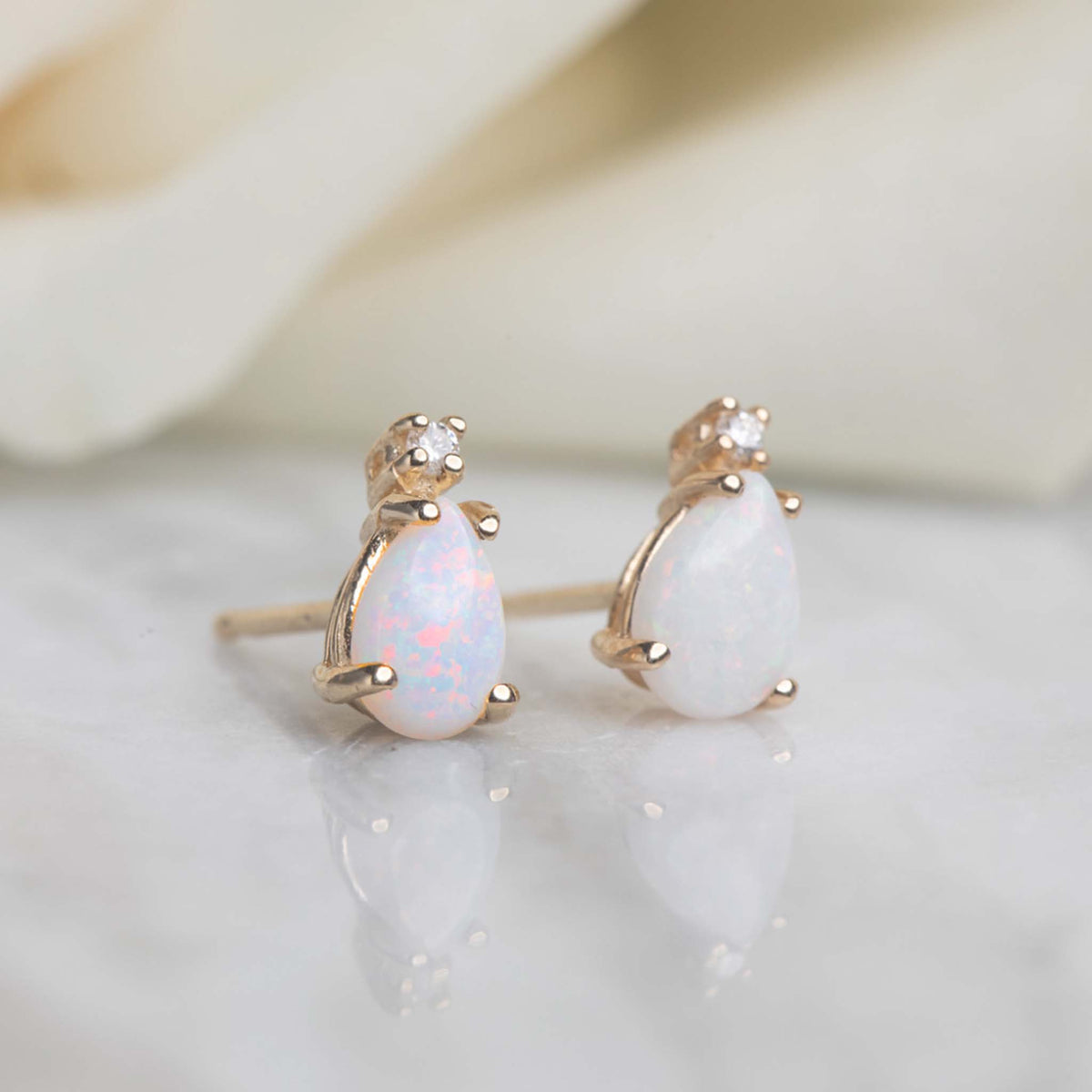 14kt Gold Opal and Diamond Droplet Studs