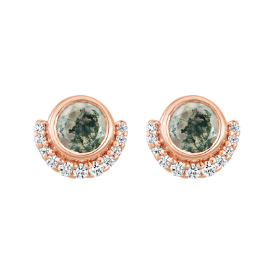 Rose Gold Moss Agate and Diamond Lunar Eclipse Studs