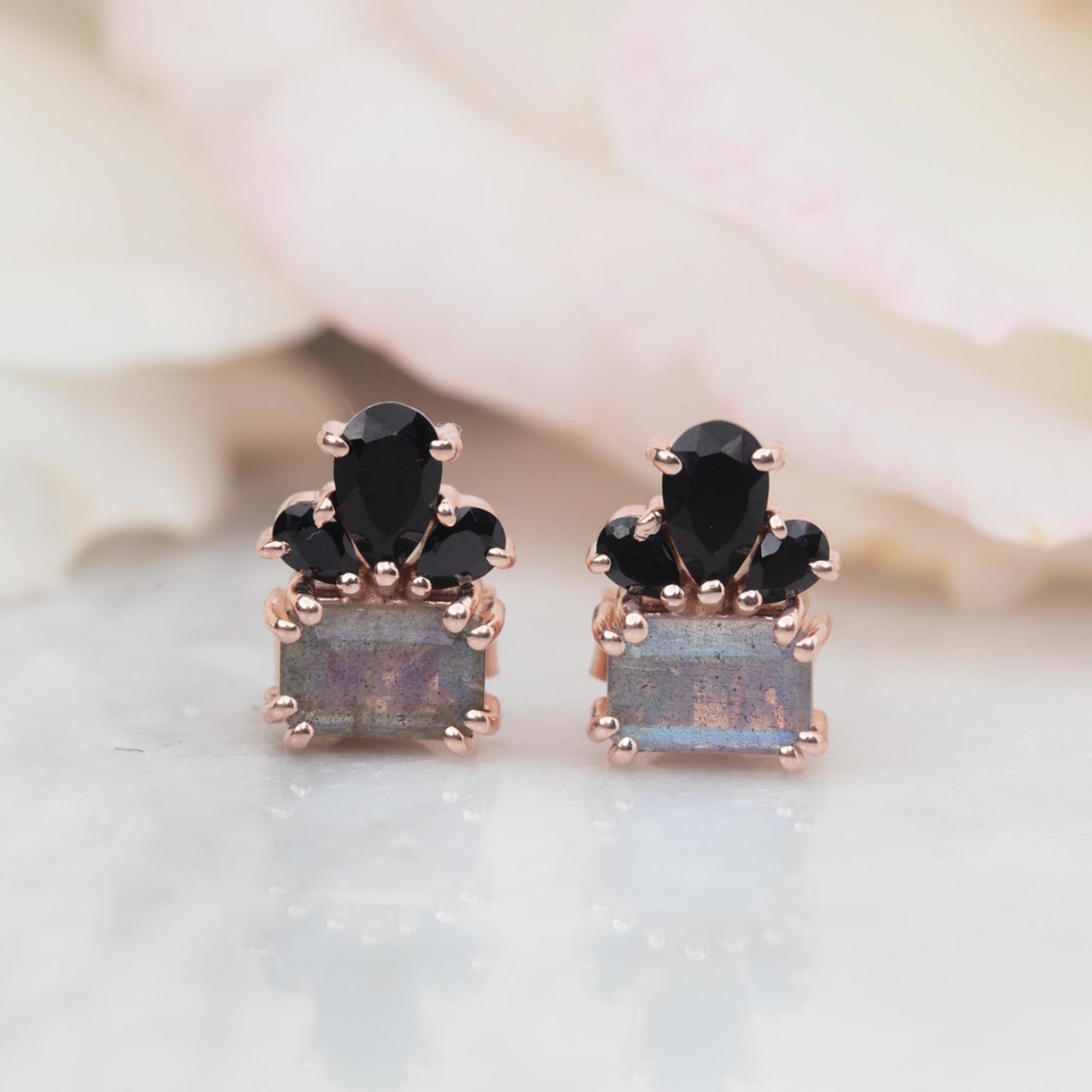 Rose Gold Labradorite & Black Spinel Empress Studs