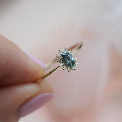 Solid 14kt Gold Teal Sapphire and Diamond Fleurette Ring
