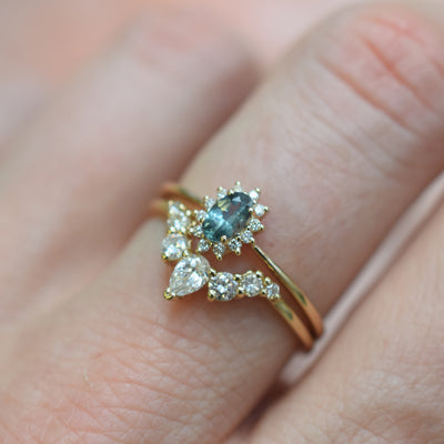 Solid 14kt Gold Teal Sapphire and Diamond Fleurette Ring