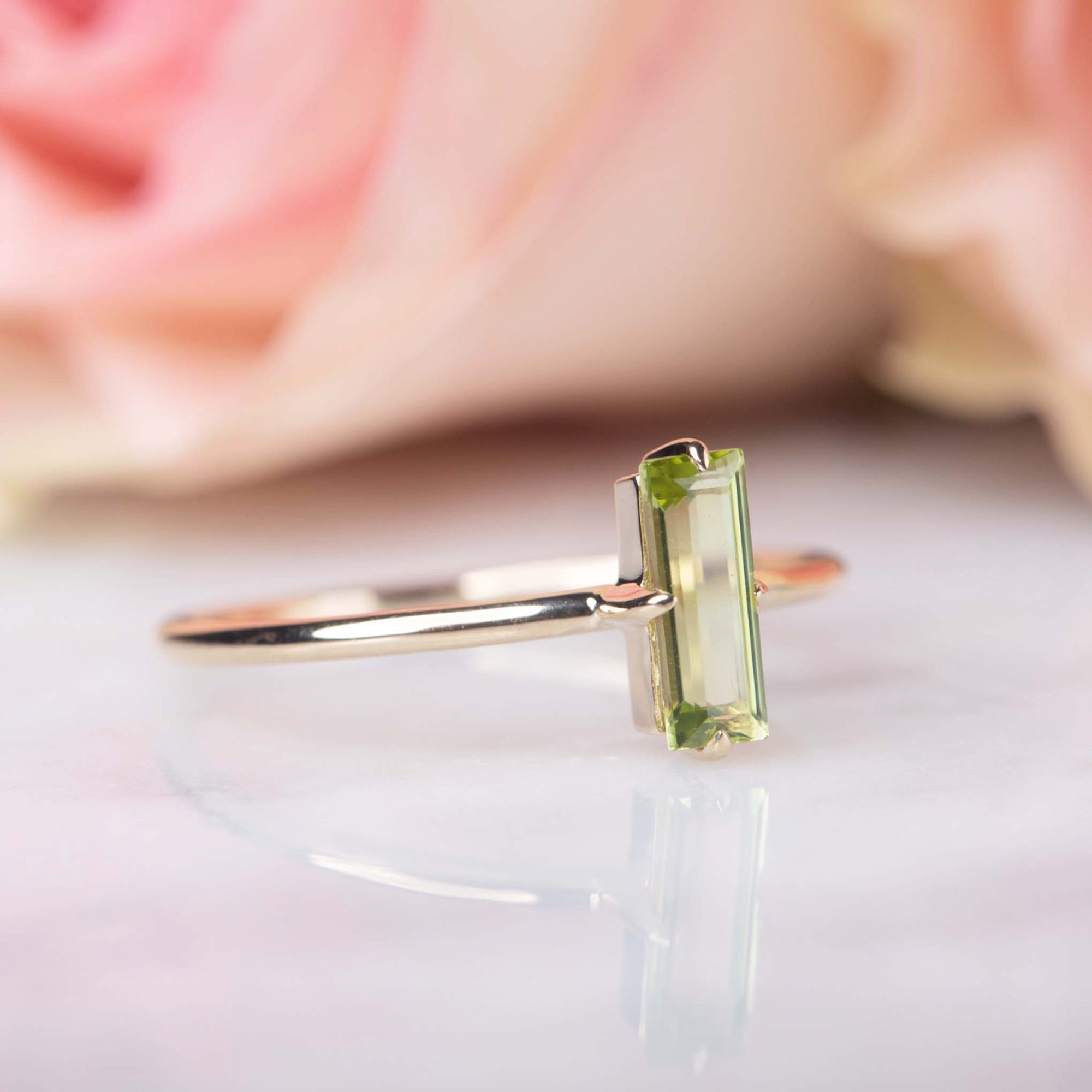 Solid Gold Peridot Baguette Ring