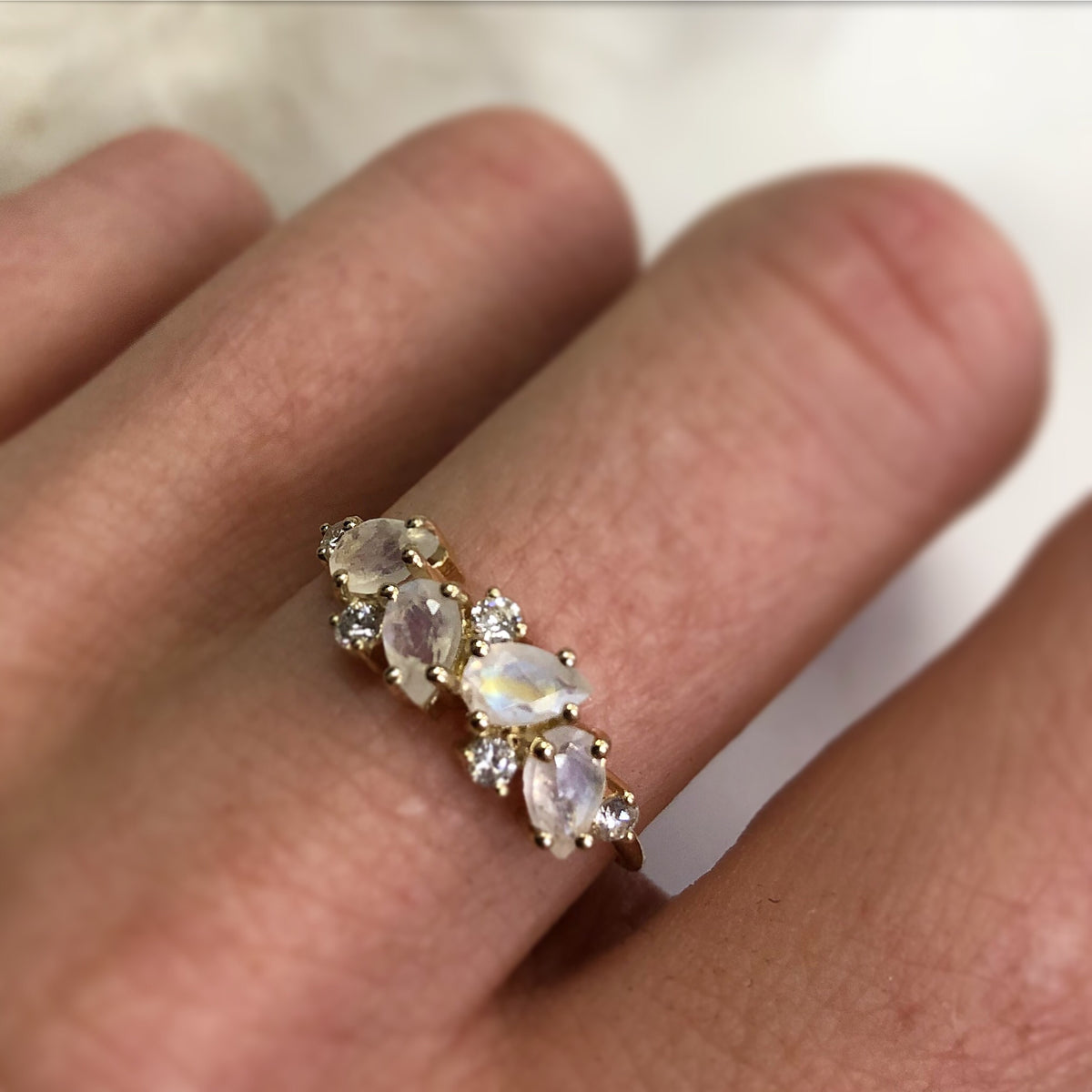 Solid 14kt Gold Rainbow Moonstone & Diamond Woodland Fairytale Ring