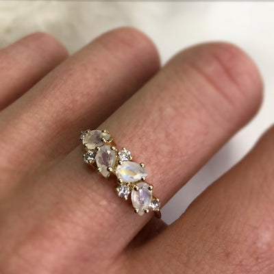 Solid 14kt Gold Rainbow Moonstone & Diamond Woodland Fairytale Ring