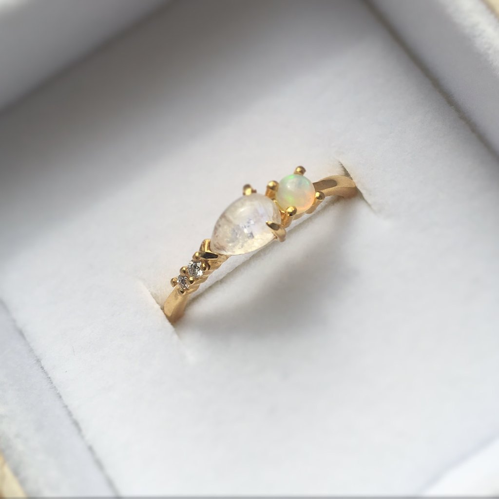 Opal, Rainbow Moonstone and Diamond Elise Ring