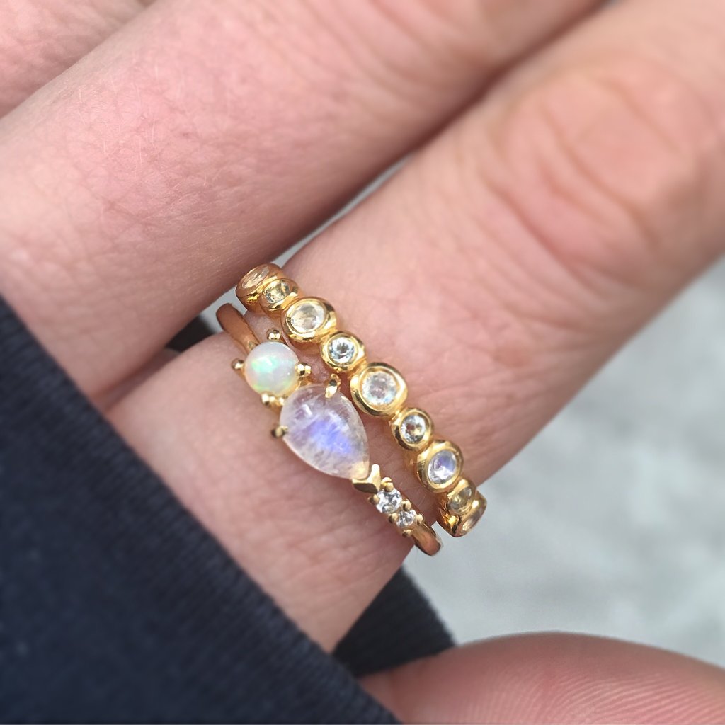 Opal, Rainbow Moonstone and Diamond Elise Ring