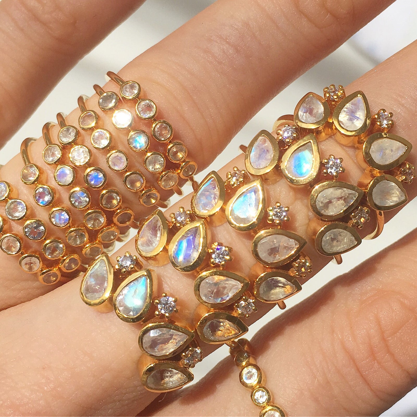 Rainbow Moonstone and Diamond Horizon Ring