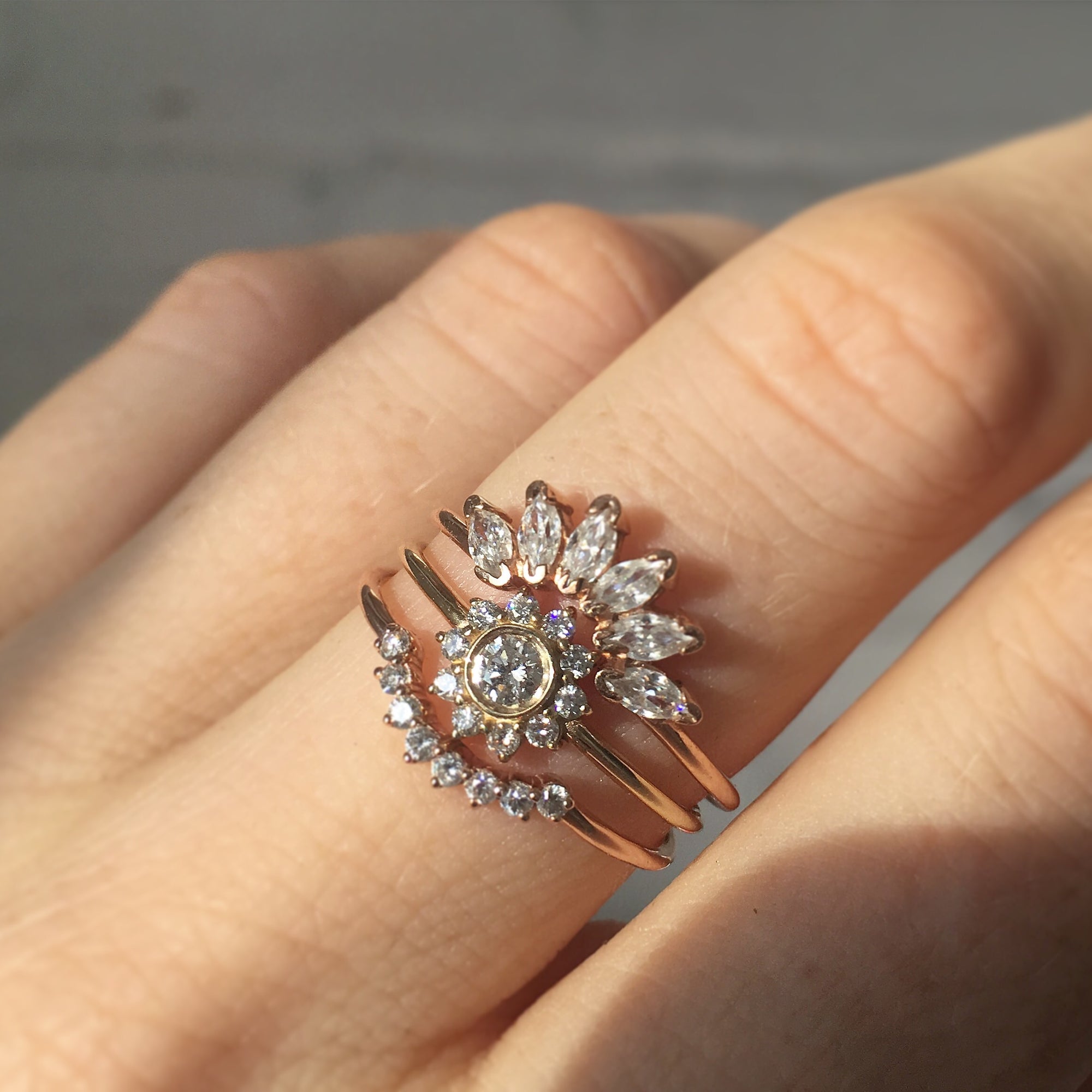Solid 14kt Gold Diamond Sunflower Ring - Main Image