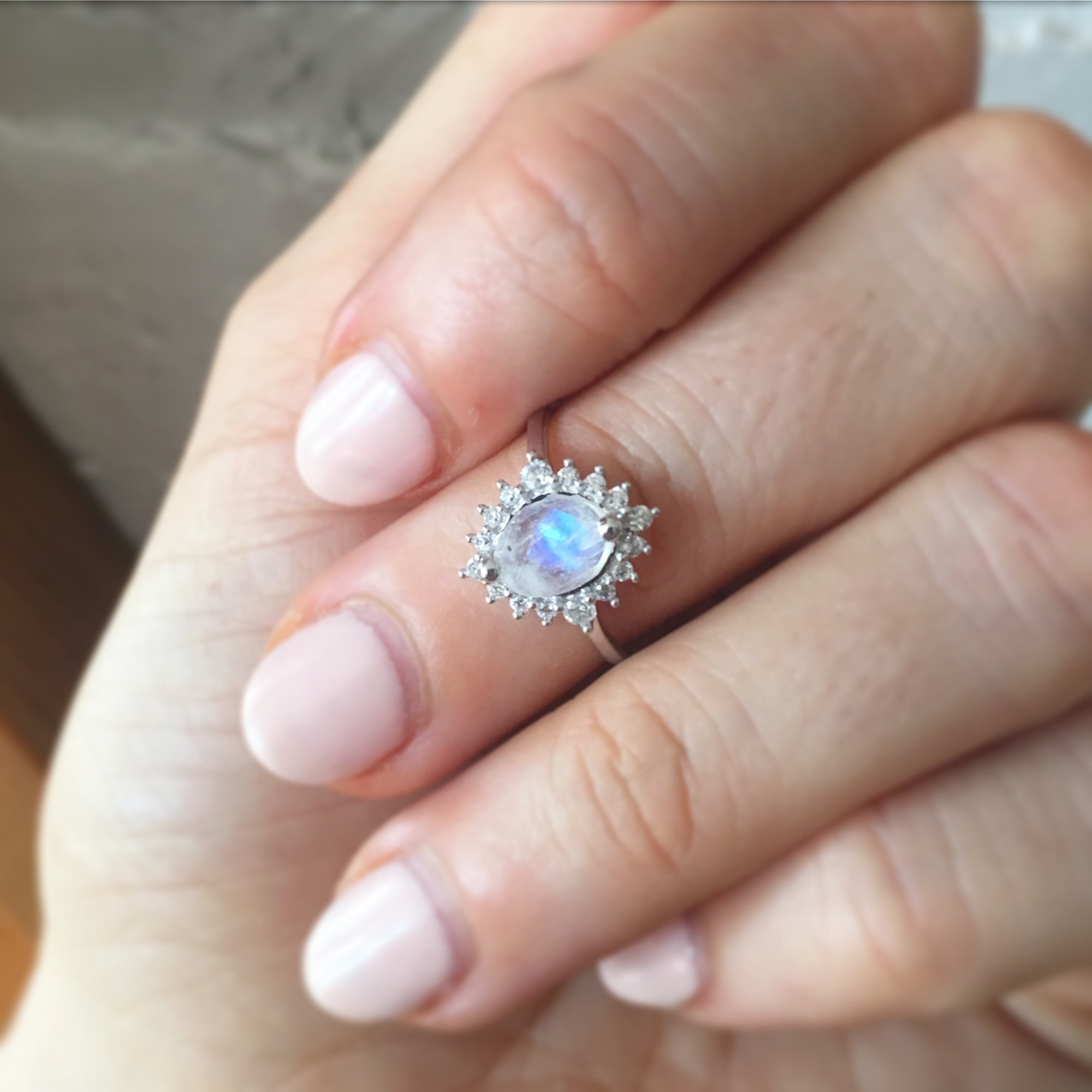 Sterling Silver Rainbow Moonstone & Diamond Flower Burst Ring