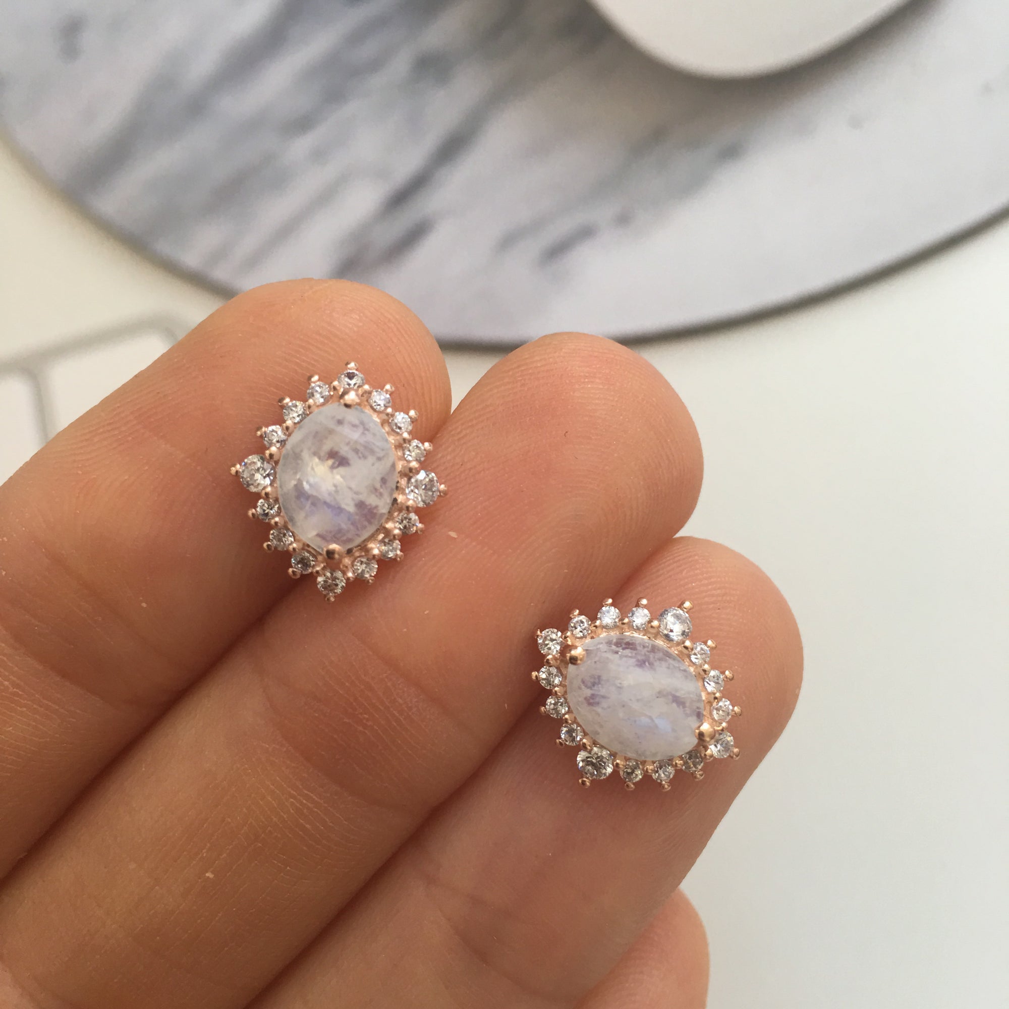 Rose Gold Rainbow Moonstone and Diamond Flowerburst Studs