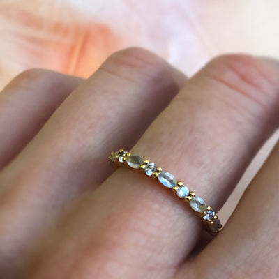 Rainbow Moonstone and Topaz Half Eternity Marquise Ring