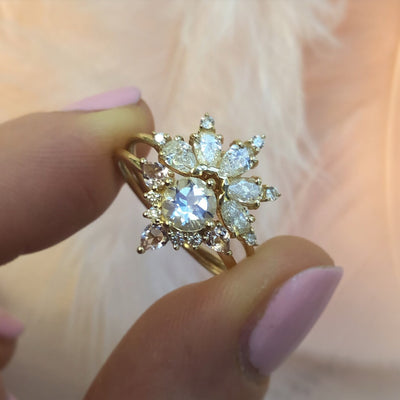 9kt Gold Rainbow Moonstone, Morganite and Diamond Unicorn Ring