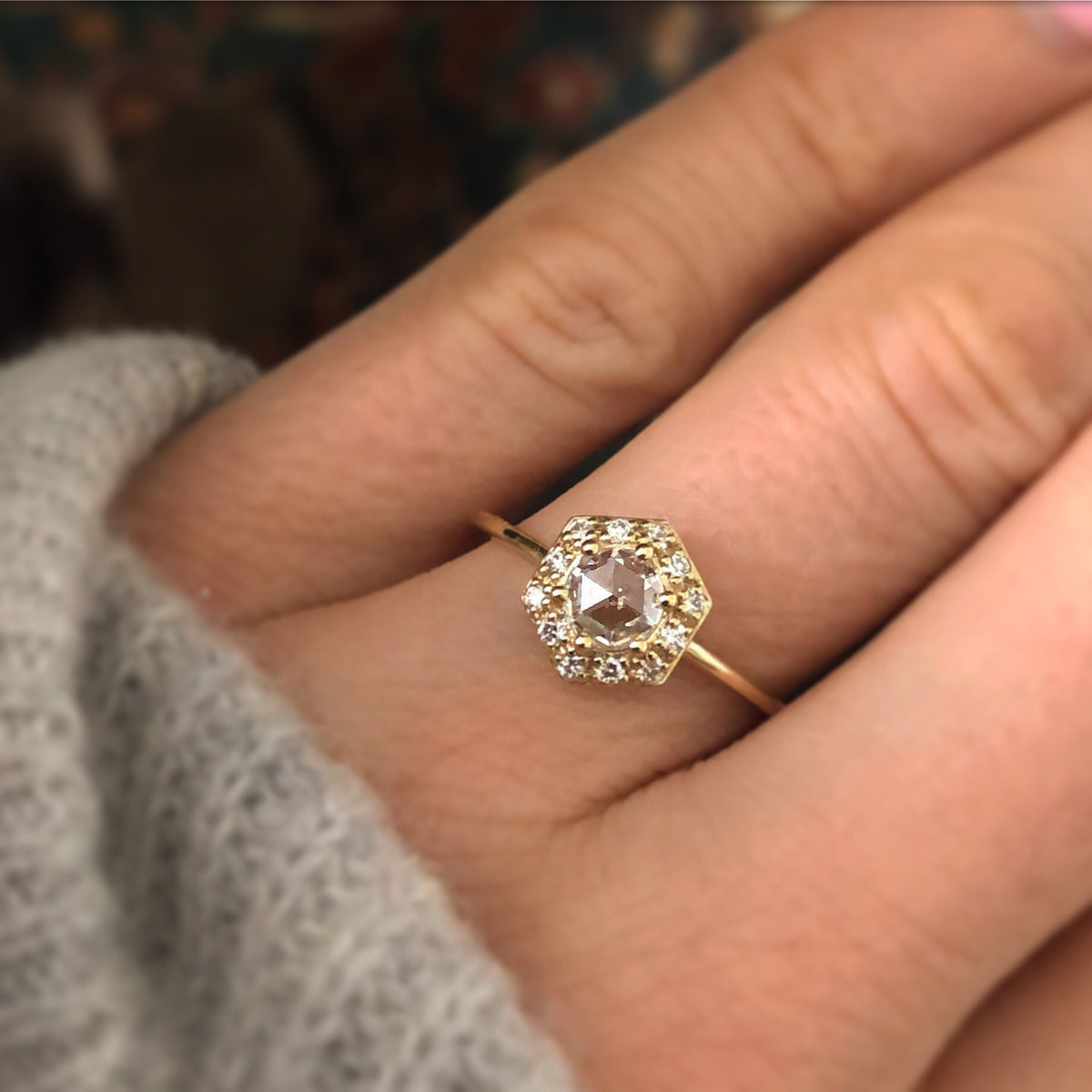 14kt Gold Rose Cut Moissanite & Diamond Victorian Belle Ring