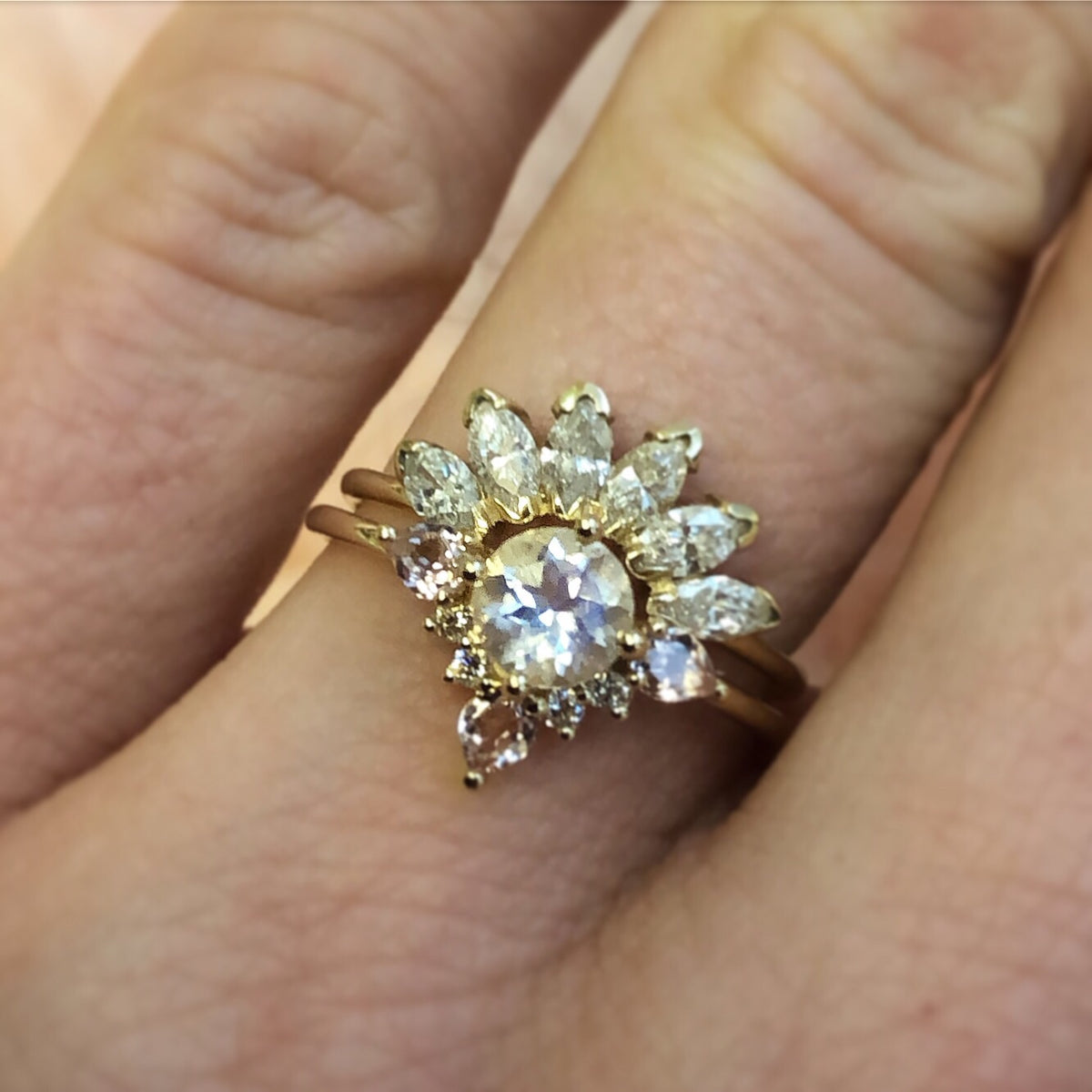 9kt Gold Rainbow Moonstone, Morganite and Diamond Unicorn Ring