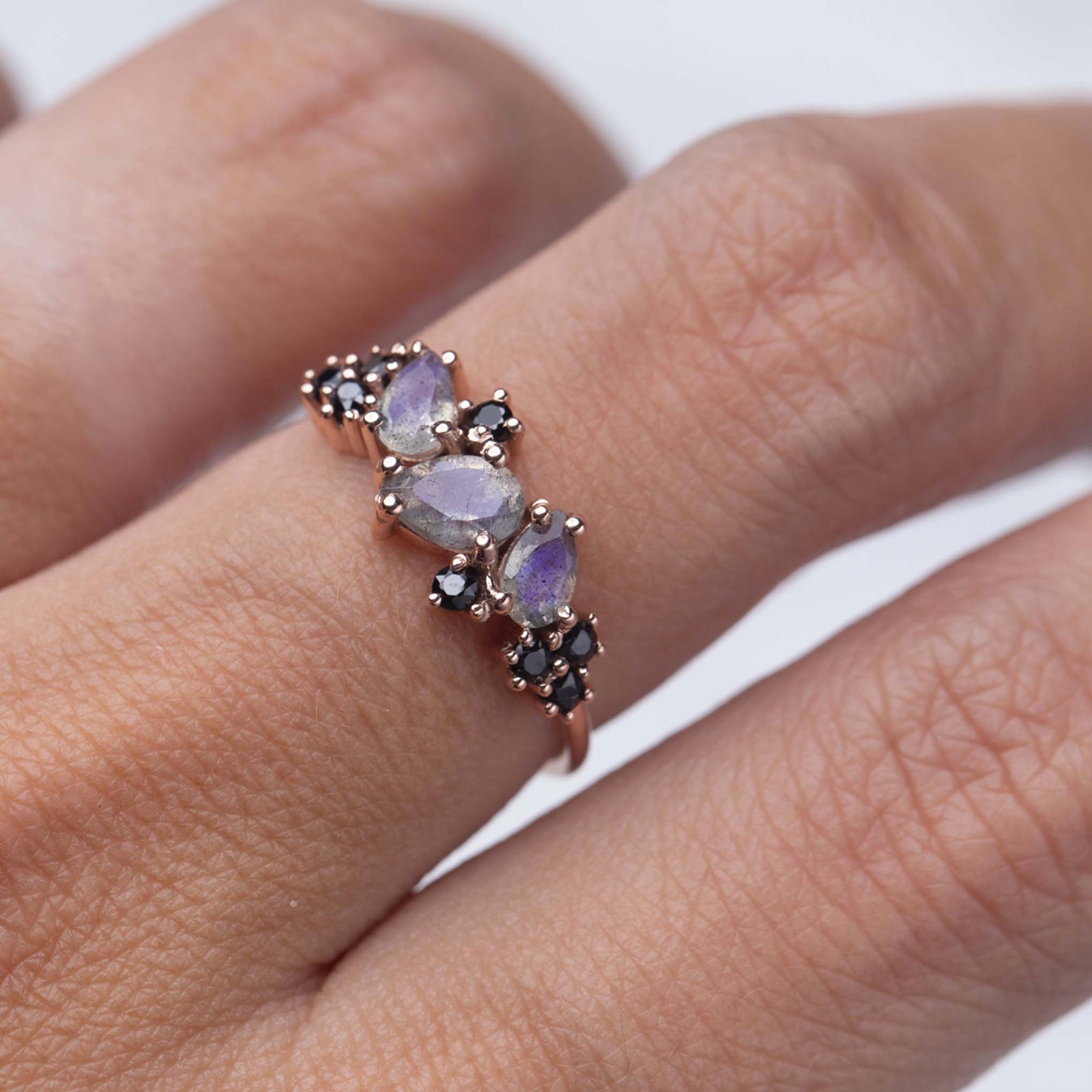 Solid Rose Gold Labradorite & Black Spinel Woodland Fairy Ring