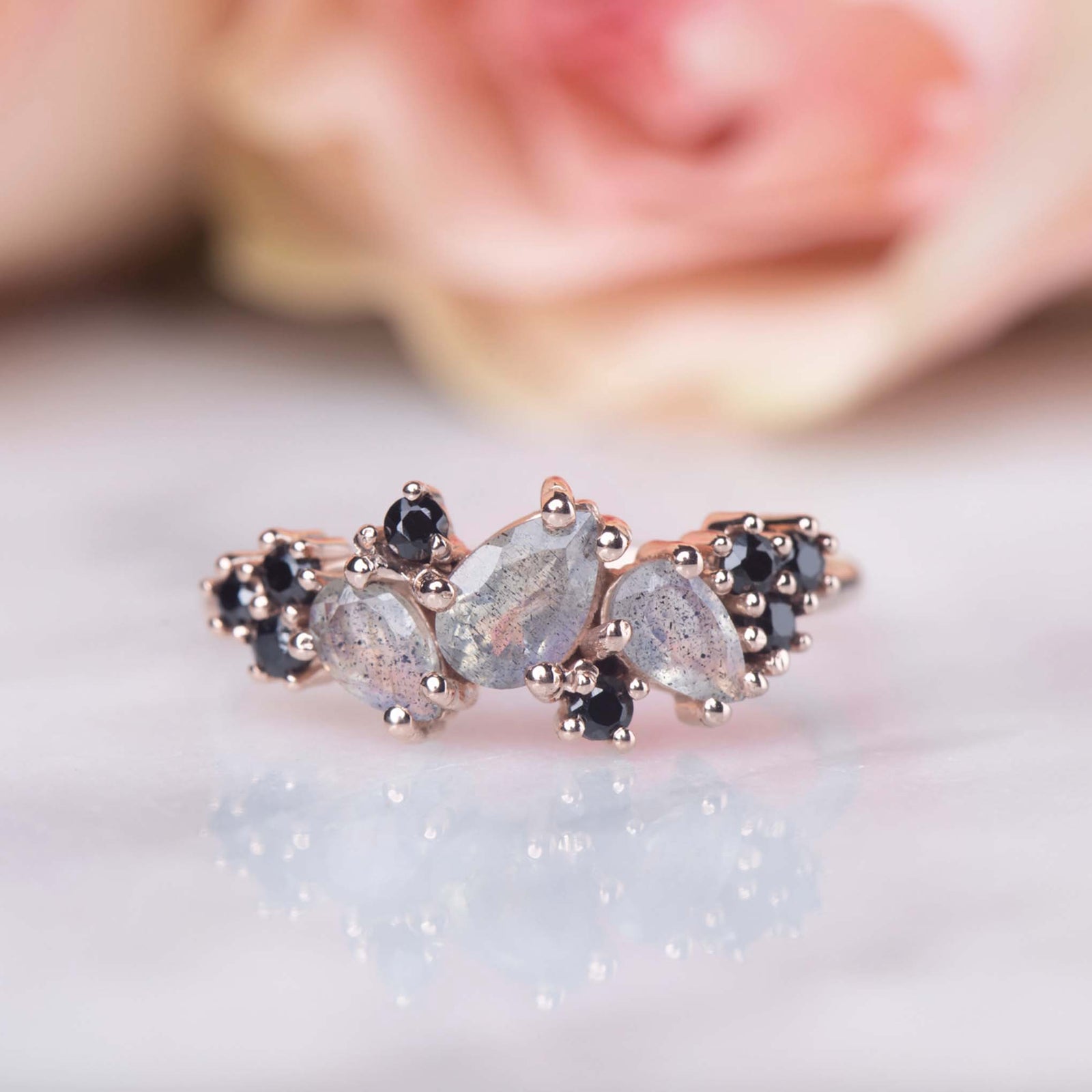 Solid Rose Gold Labradorite & Black Spinel Woodland Fairy Ring