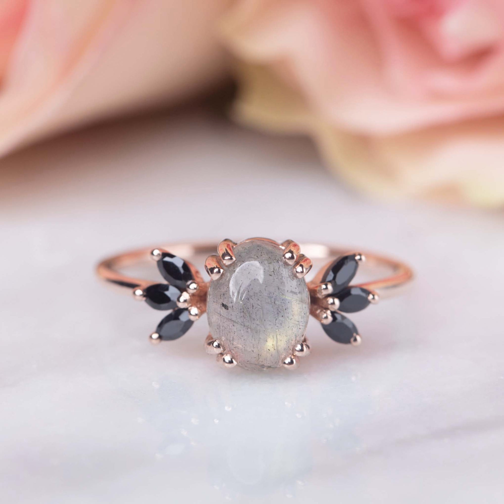 Solid Rose Gold Labradorite & Black Spinel Treasured Love Ring