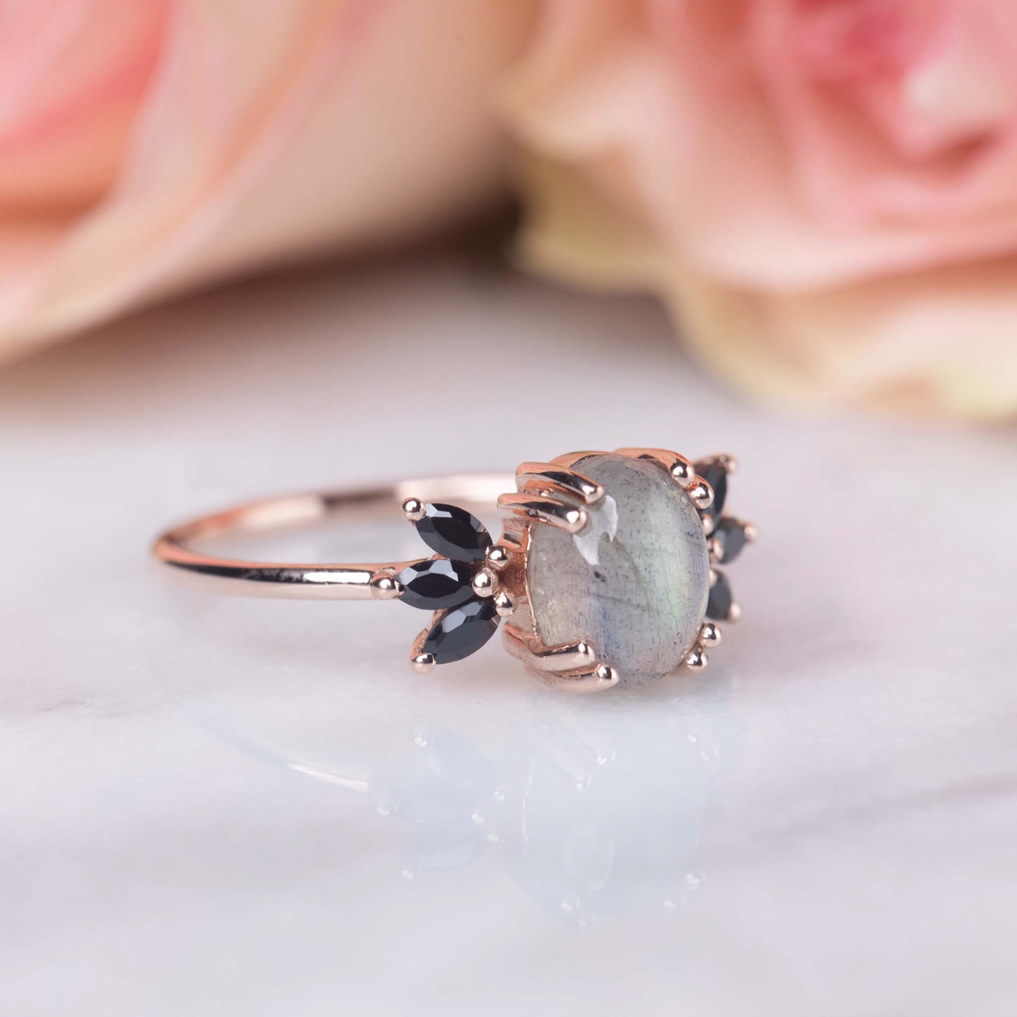 Solid Rose Gold Labradorite & Black Spinel Treasured Love Ring