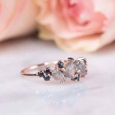 Solid Rose Gold Labradorite & Black Spinel Woodland Fairy Ring