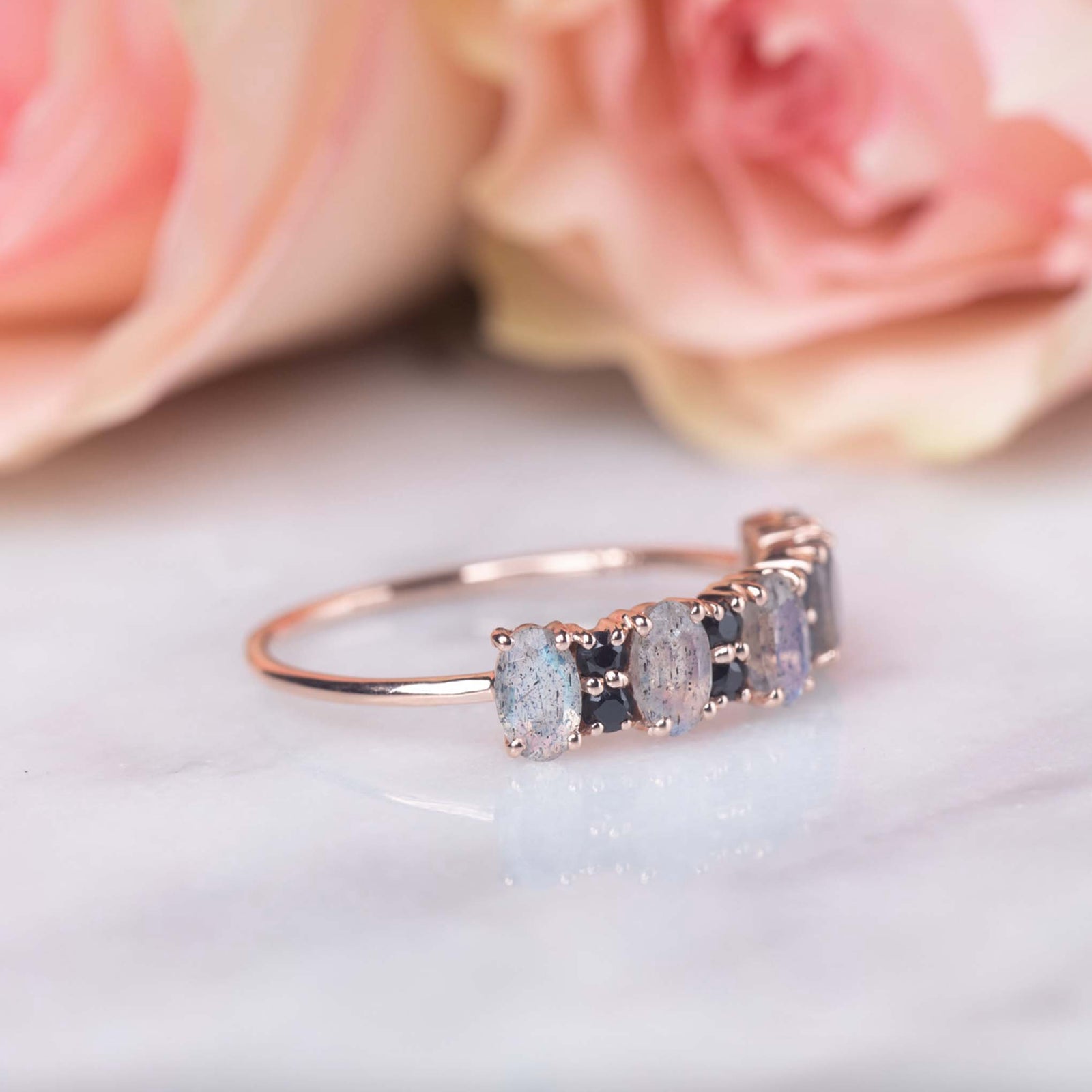 Solid Rose Gold Labradorite & Black Spinel Elysian Ring