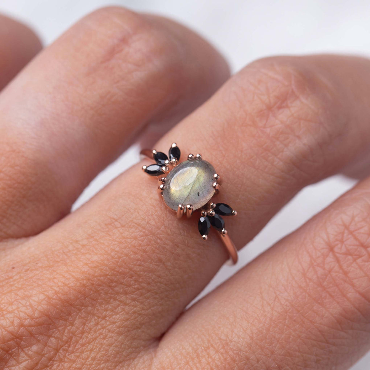 Solid Rose Gold Labradorite & Black Spinel Treasured Love Ring
