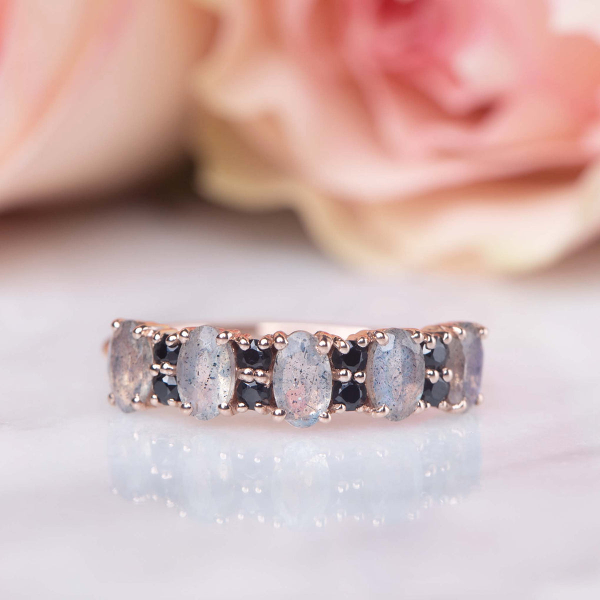 Solid Rose Gold Labradorite & Black Spinel Elysian Ring