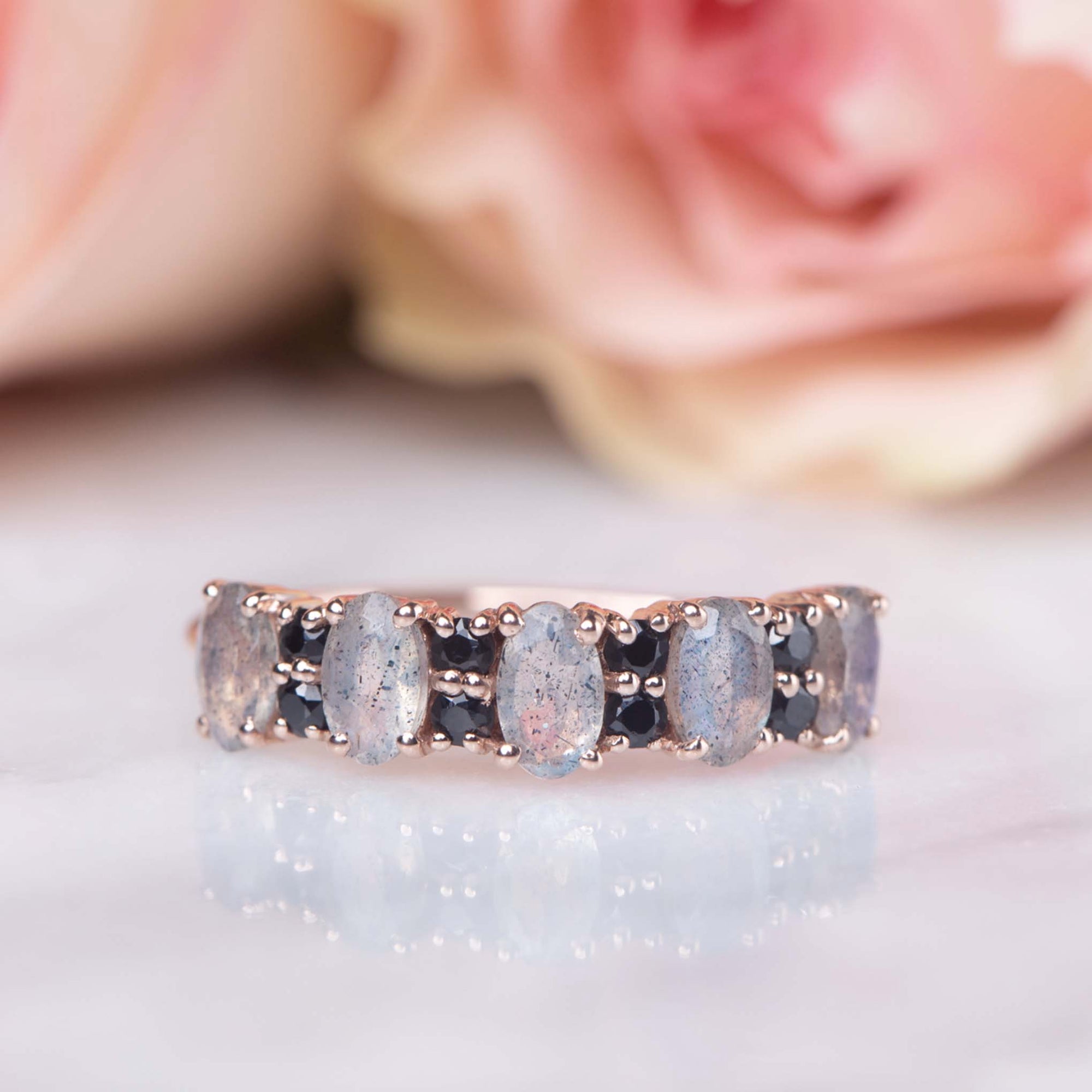 Solid Rose Gold Labradorite & Black Spinel Elysian Ring