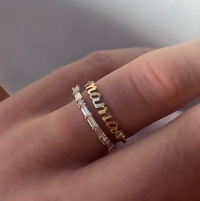 14kt Gold Moissanite “Mama” Ring in Morse Code