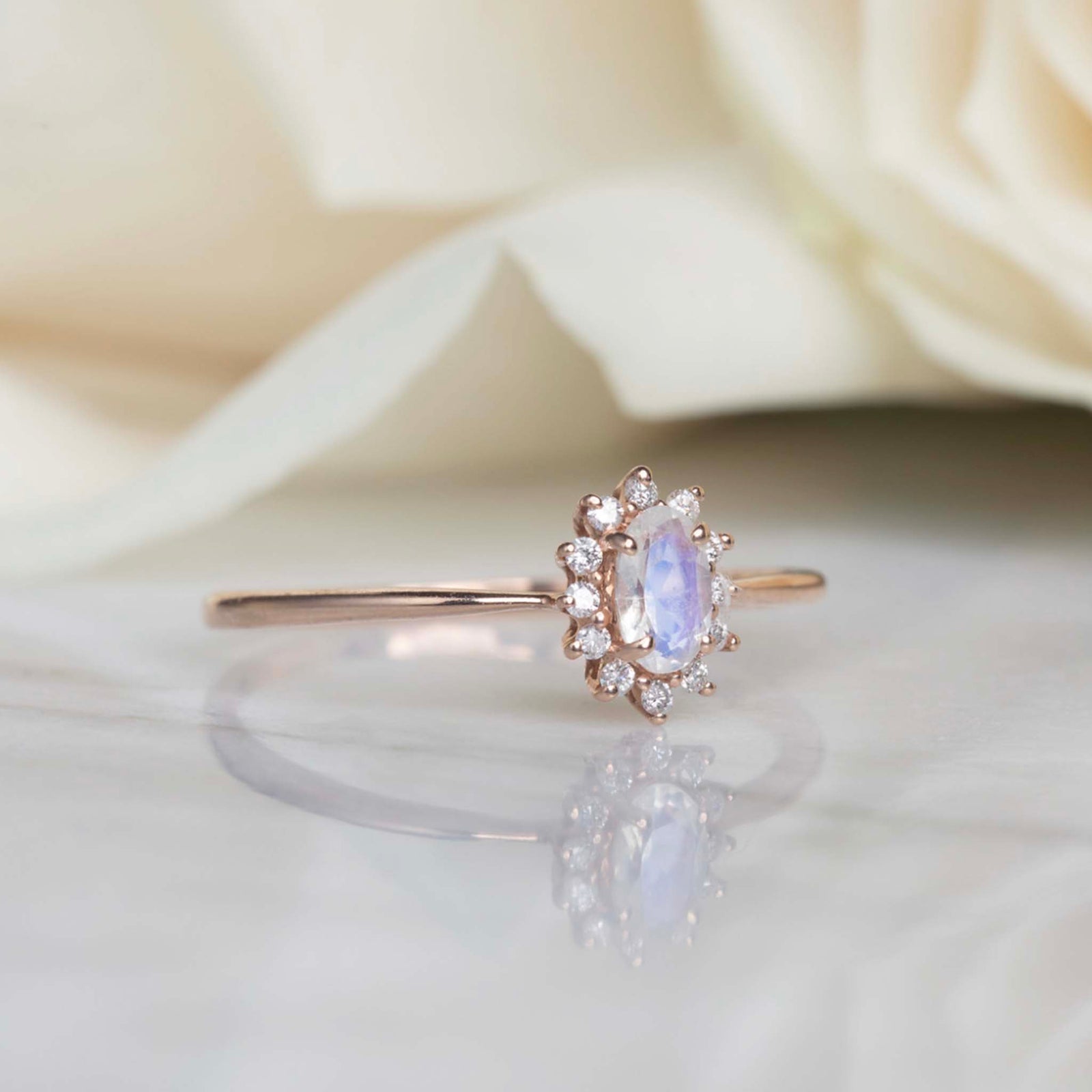 14kt Rose Gold Moonstone & Diamond Fleurette Ring
