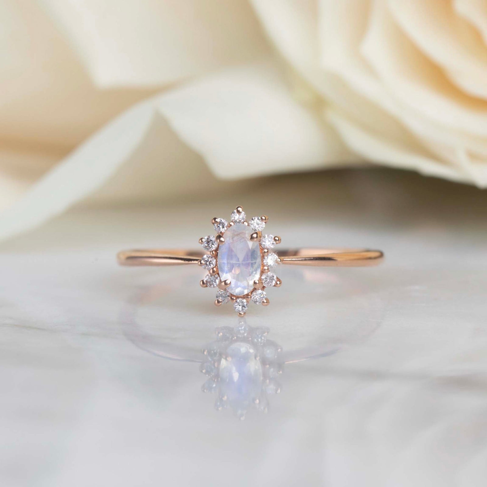14kt Rose Gold Moonstone & Diamond Fleurette Ring