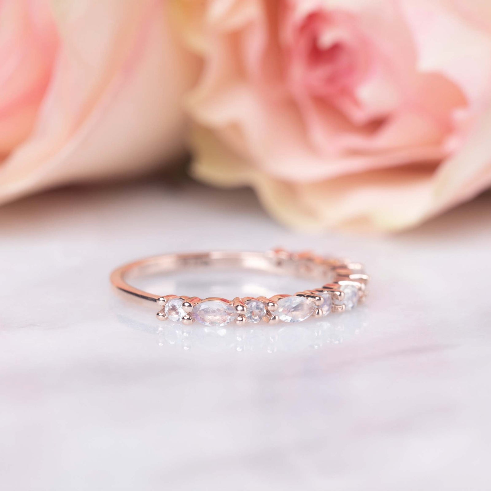 Solid Rose Gold Rainbow Moonstone Eternity Marquise Band