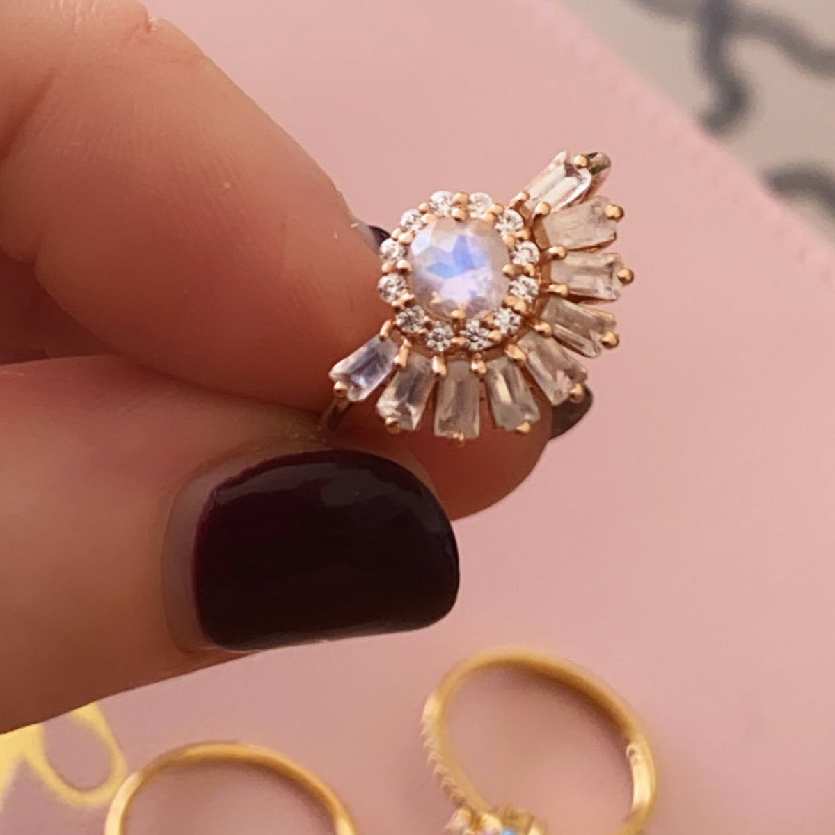 Rose Gold Rainbow Moonstone Temptress Ring