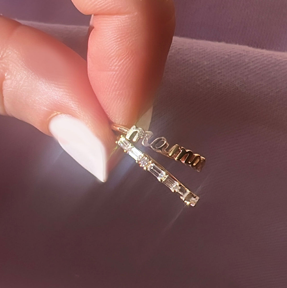 14kt Gold Moissanite “Mama” Ring in Morse Code