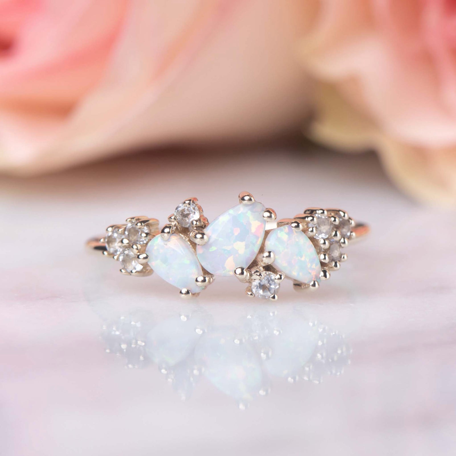 Solid Gold Opal & Topaz Woodland Fairy Ring