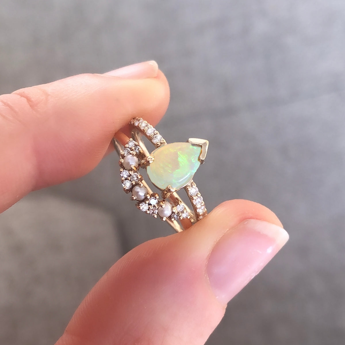 Solid Gold Opal and Diamond Angels Drop Ring