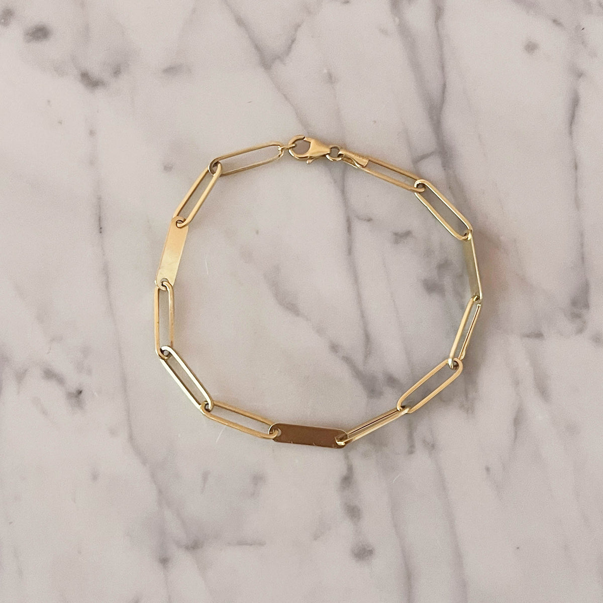 Solid 14kt Gold Paper Clip Bar Bracelet