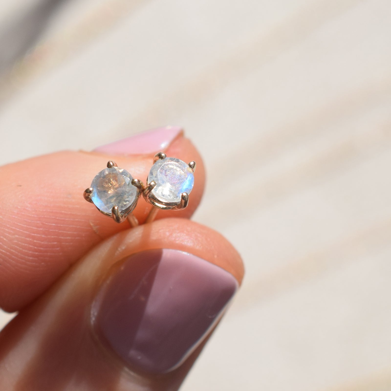 Solid 14kt Gold Rainbow Moonstone Solo Studs *online exclusive*