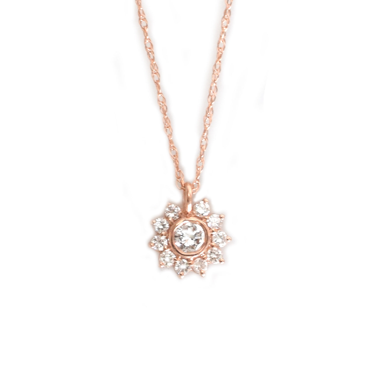 Solid 14kt Rose Gold Diamond Sunflower Pendant